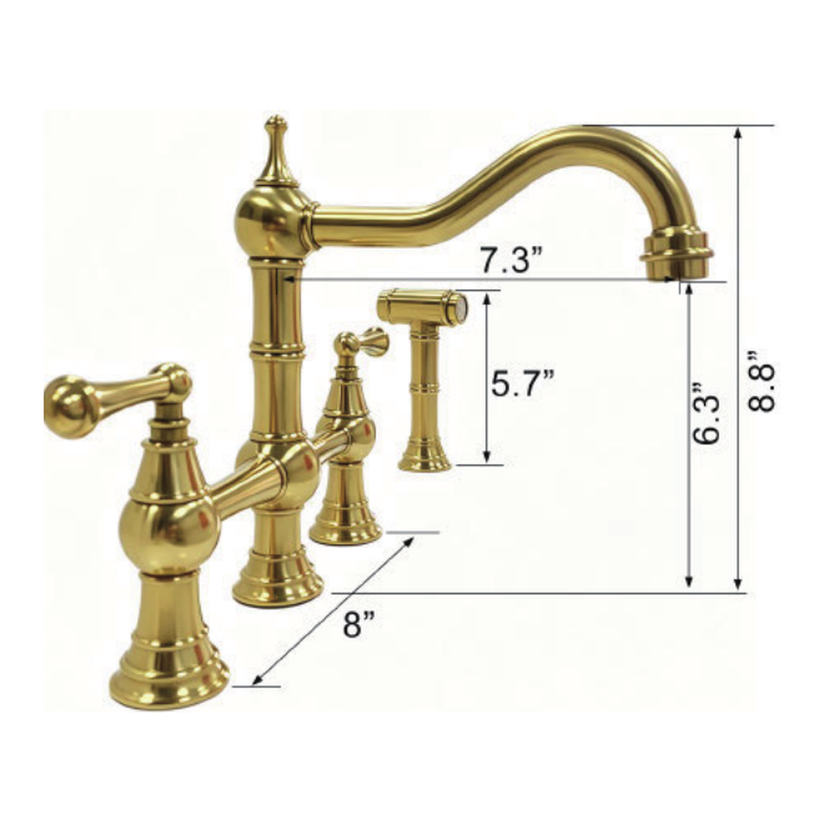Unlacquered Brass Deck-Mount Bridge Kitchen Faucet with Swan-Neck Swivel Spout and Two Lever Handles technical document