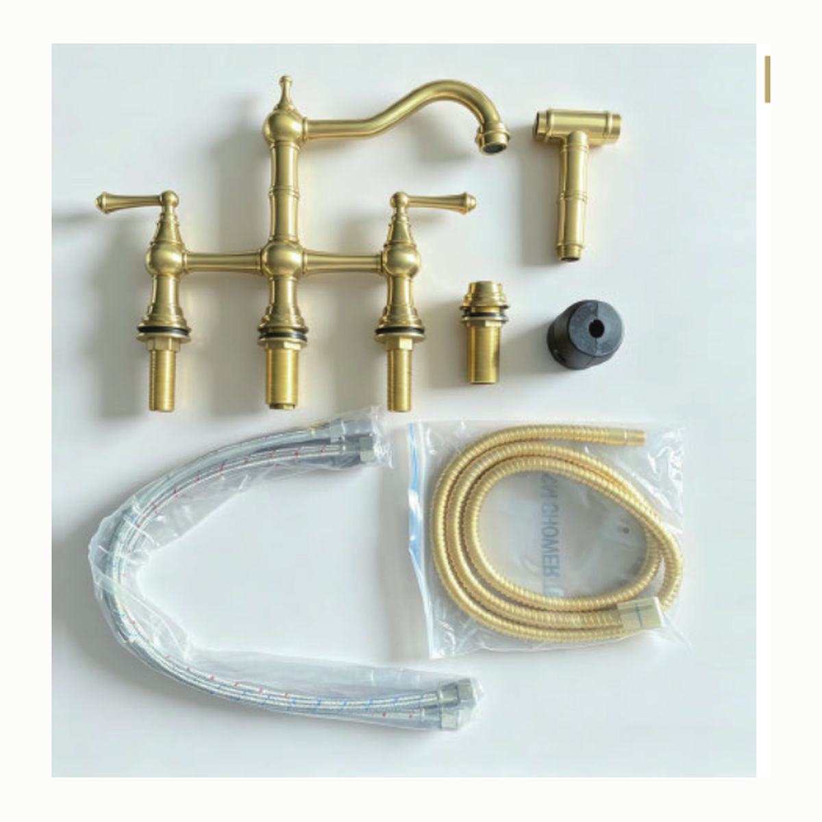 Unlacquered Brass Deck-Mount Bridge Kitchen Faucet with Swan-Neck Swivel Spout and Two Lever Handles technical document