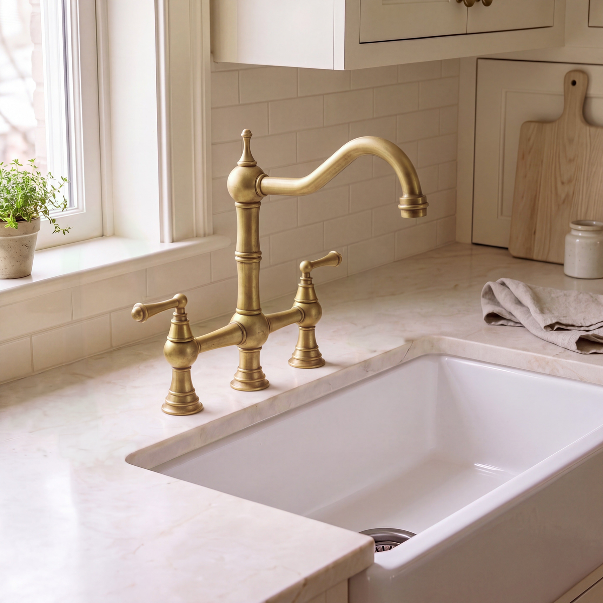 Unlacquered brass deck-mount bridge kitchen faucet with swan-neck spout and two lever handles