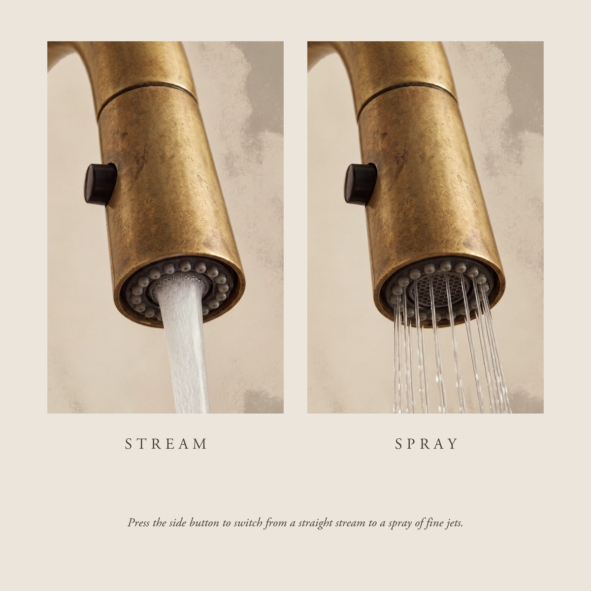 Pull-down spray head of an unlacquered brass bridge kitchen faucet, stream mode and spray mode