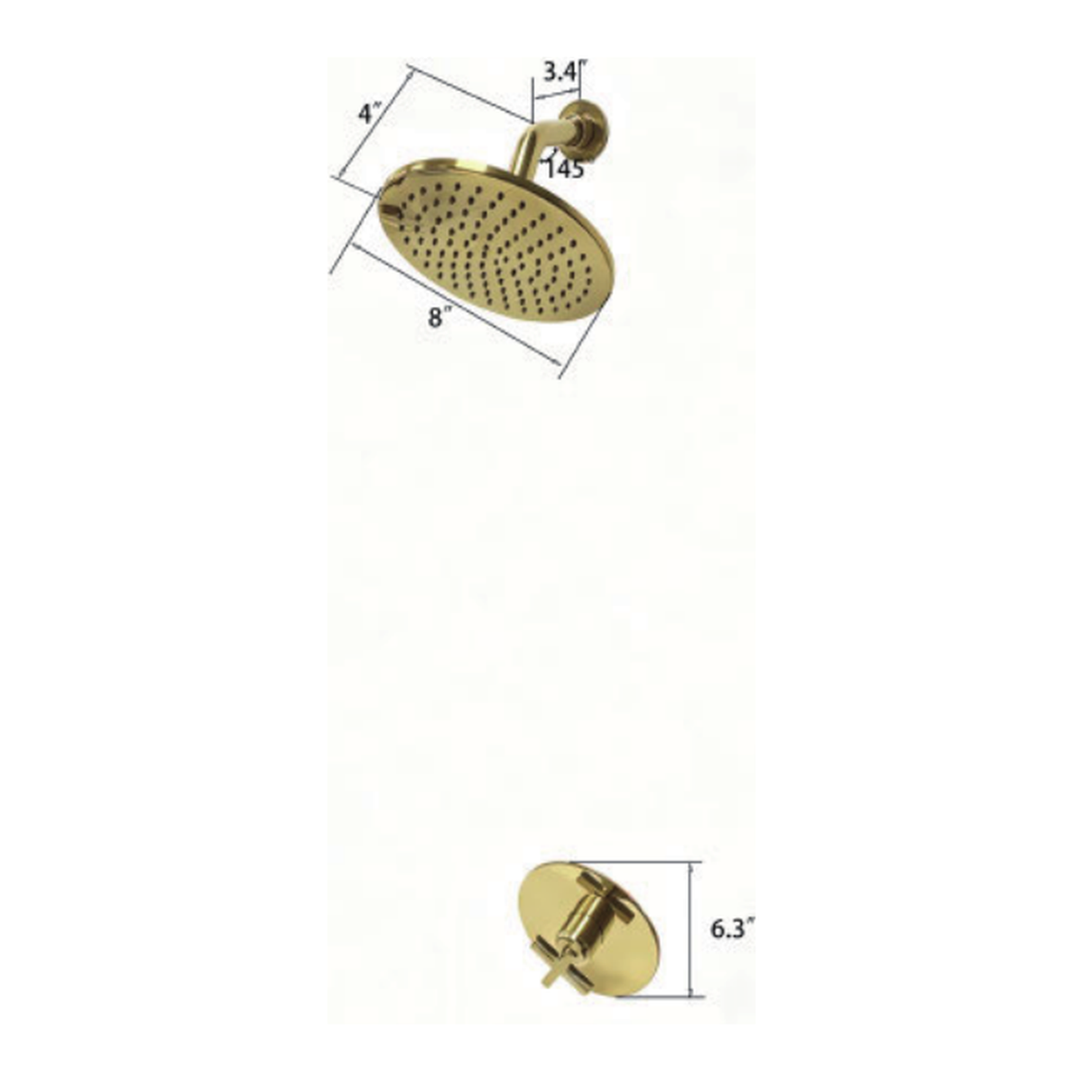 Unlacquered Brass Wall-Mount Shower System with Eight Inch Rain Head and Cross Handle technical document