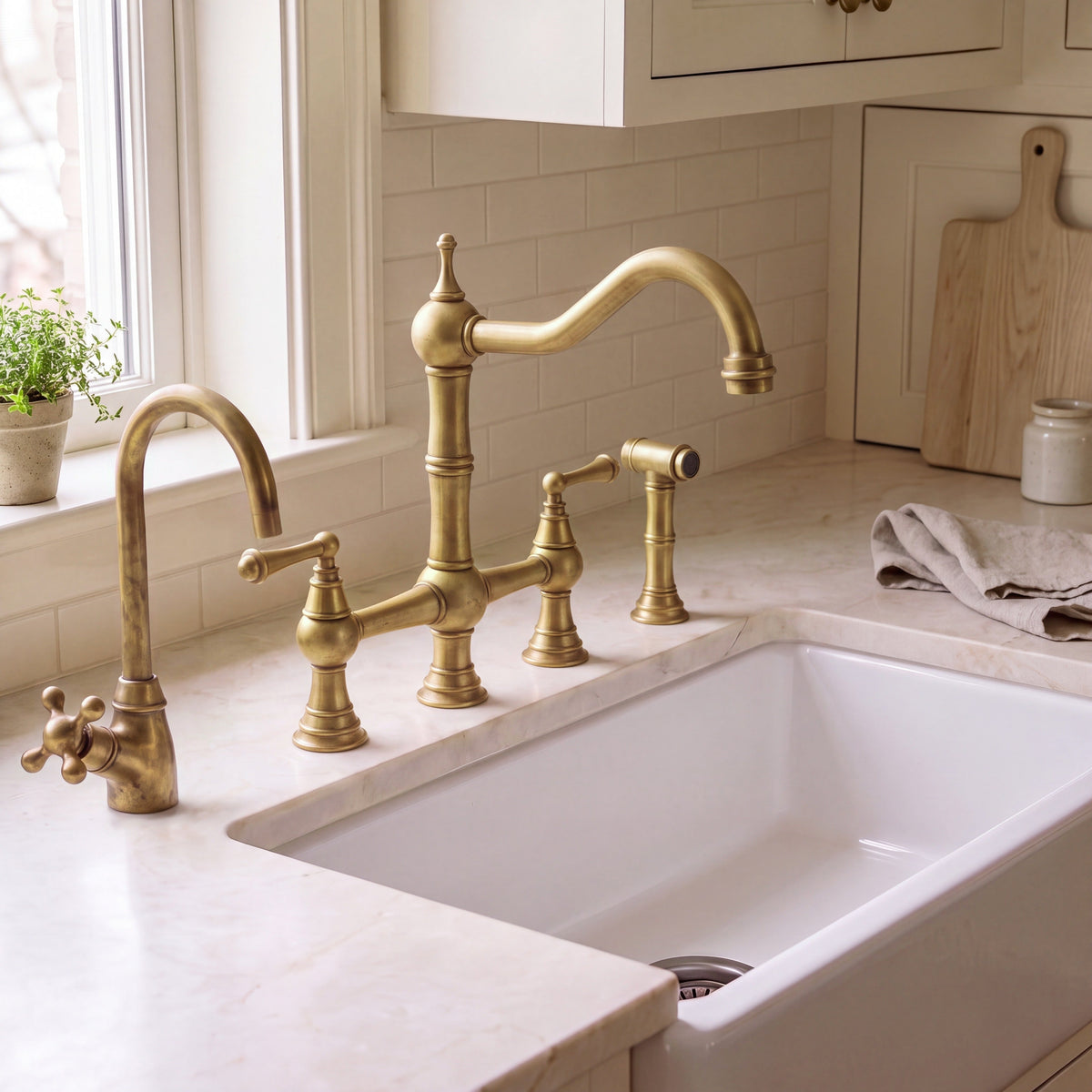 Unlacquered brass bridge kitchen faucet with side sprayer and cold water dispenser