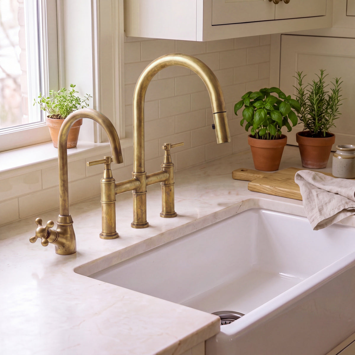 Unlacquered brass bridge kitchen faucet with pull-down spray and cold water dispenser