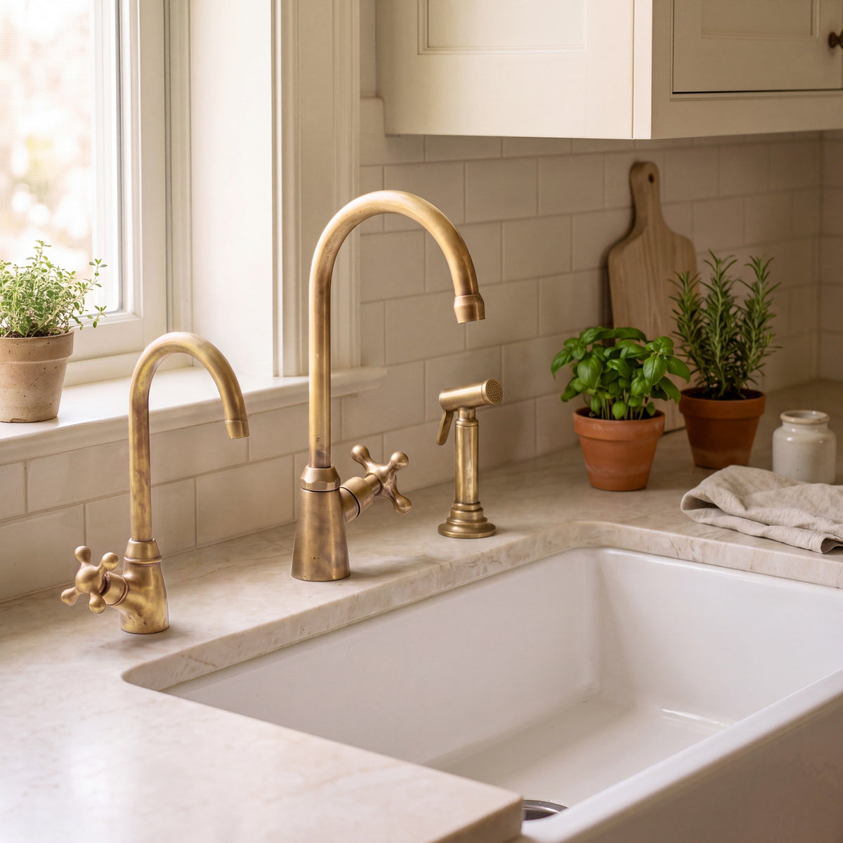 Unlacquered brass kitchen faucet with side sprayer and cold water dispenser