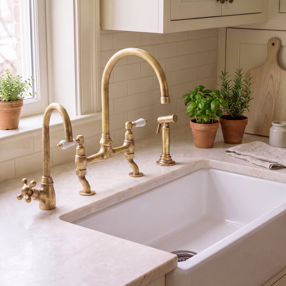 Unlacquered brass bridge kitchen faucet with side sprayer and cold water dispenser
