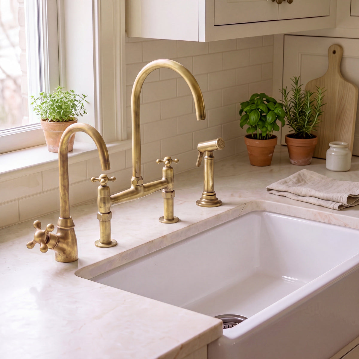 Unlacquered brass bridge kitchen faucet with side sprayer and cold water dispenser