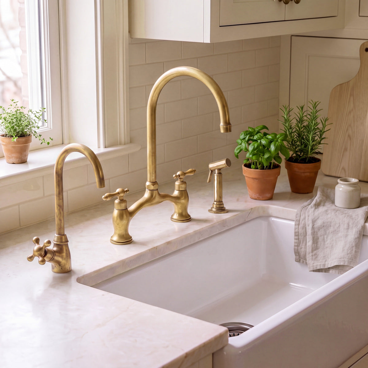 Unlacquered brass bridge kitchen faucet with side sprayer and cold water dispenser
