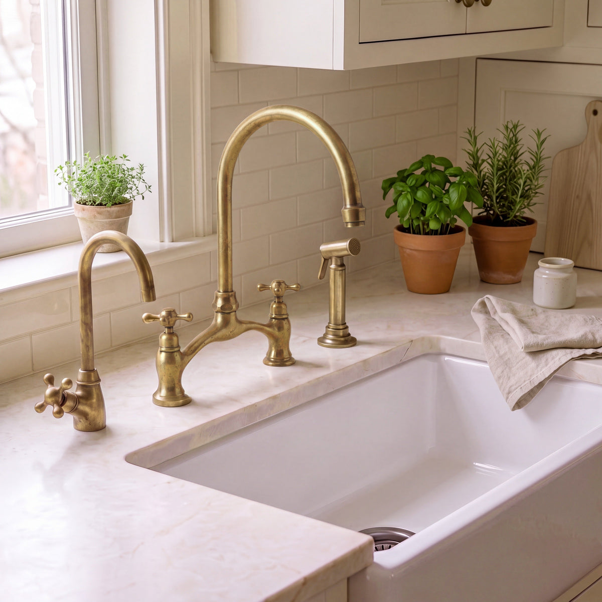 Unlacquered brass bridge kitchen faucet with side sprayer and cold water dispenser
