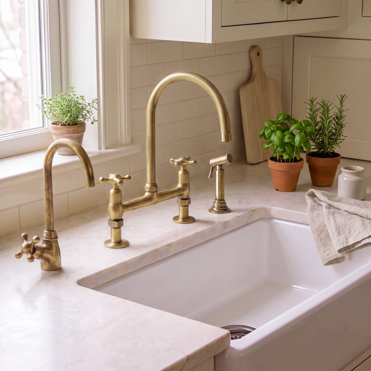 Unlacquered brass bridge kitchen faucet with side sprayer and cold water dispenser