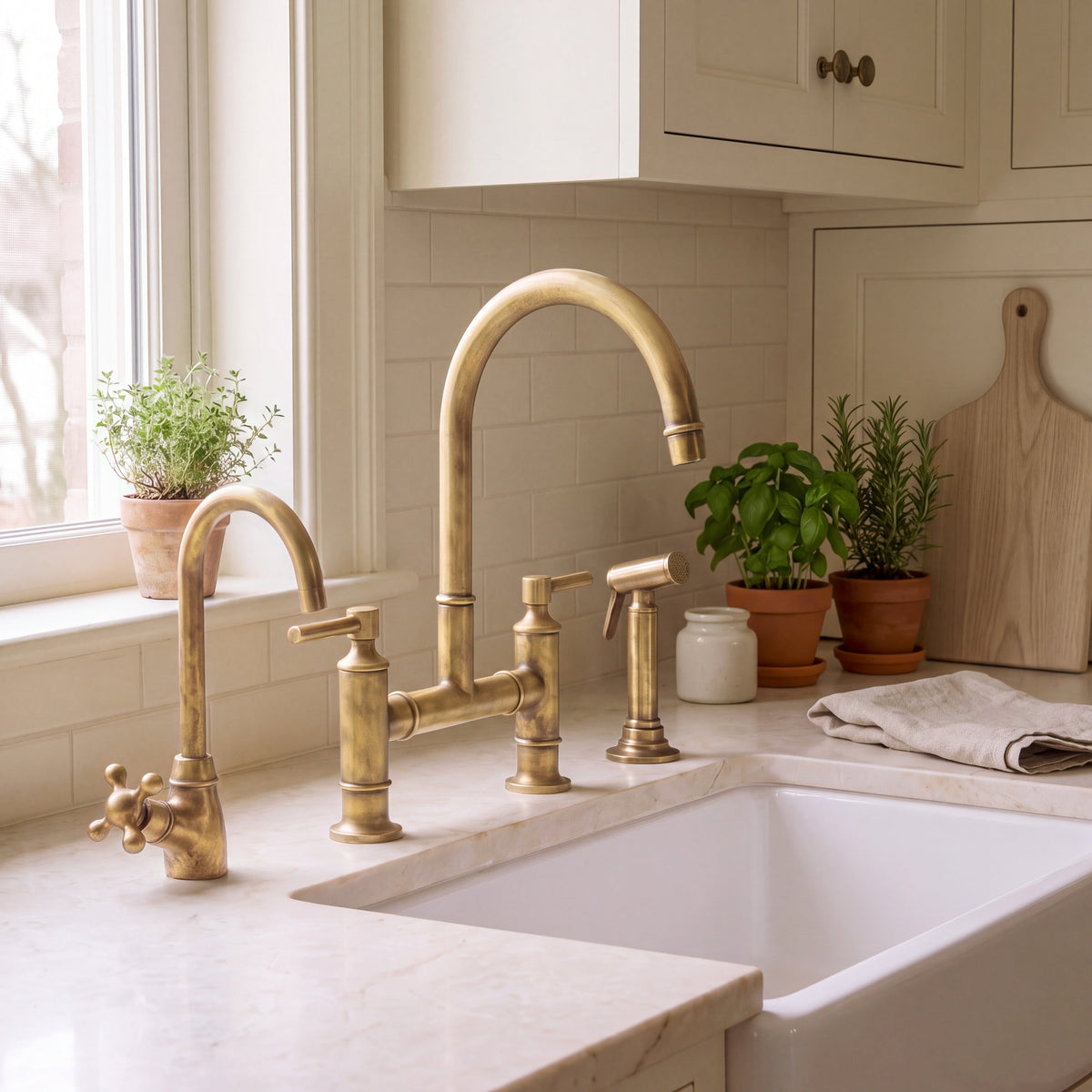 Unlacquered brass bridge kitchen faucet with side sprayer and cold water dispenser